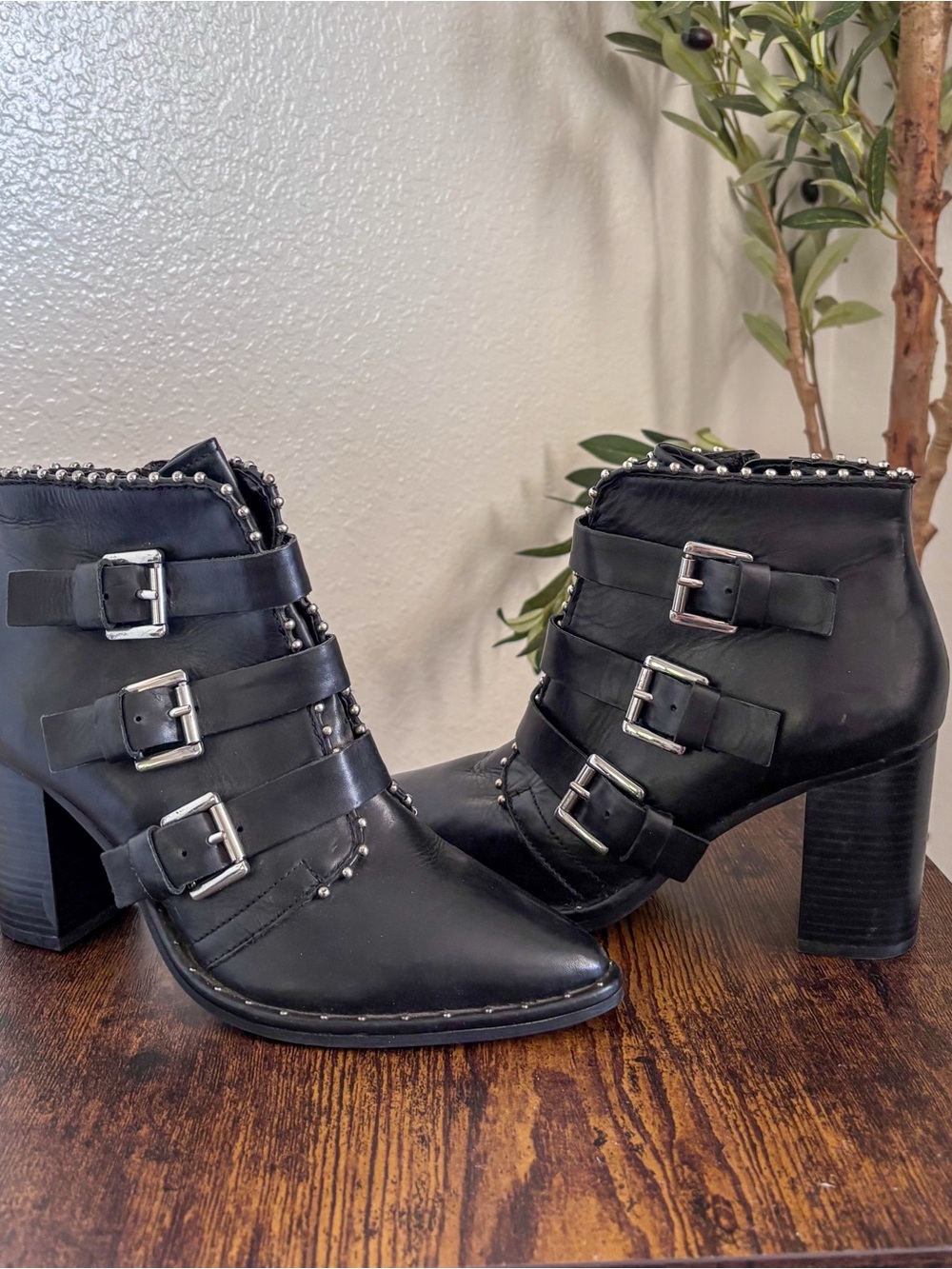Women's Humble Black Leather Buckle Ankle Booties with Stud Detail 7